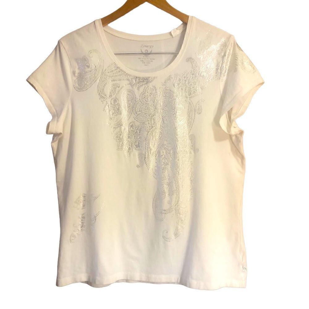 Chico’s Zenergy White TShirt With Embellished Silver Floral Design. Size 3